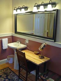 pedestal sink, makeup table, large mirror