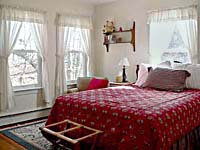 cozy room interior, red quilt
